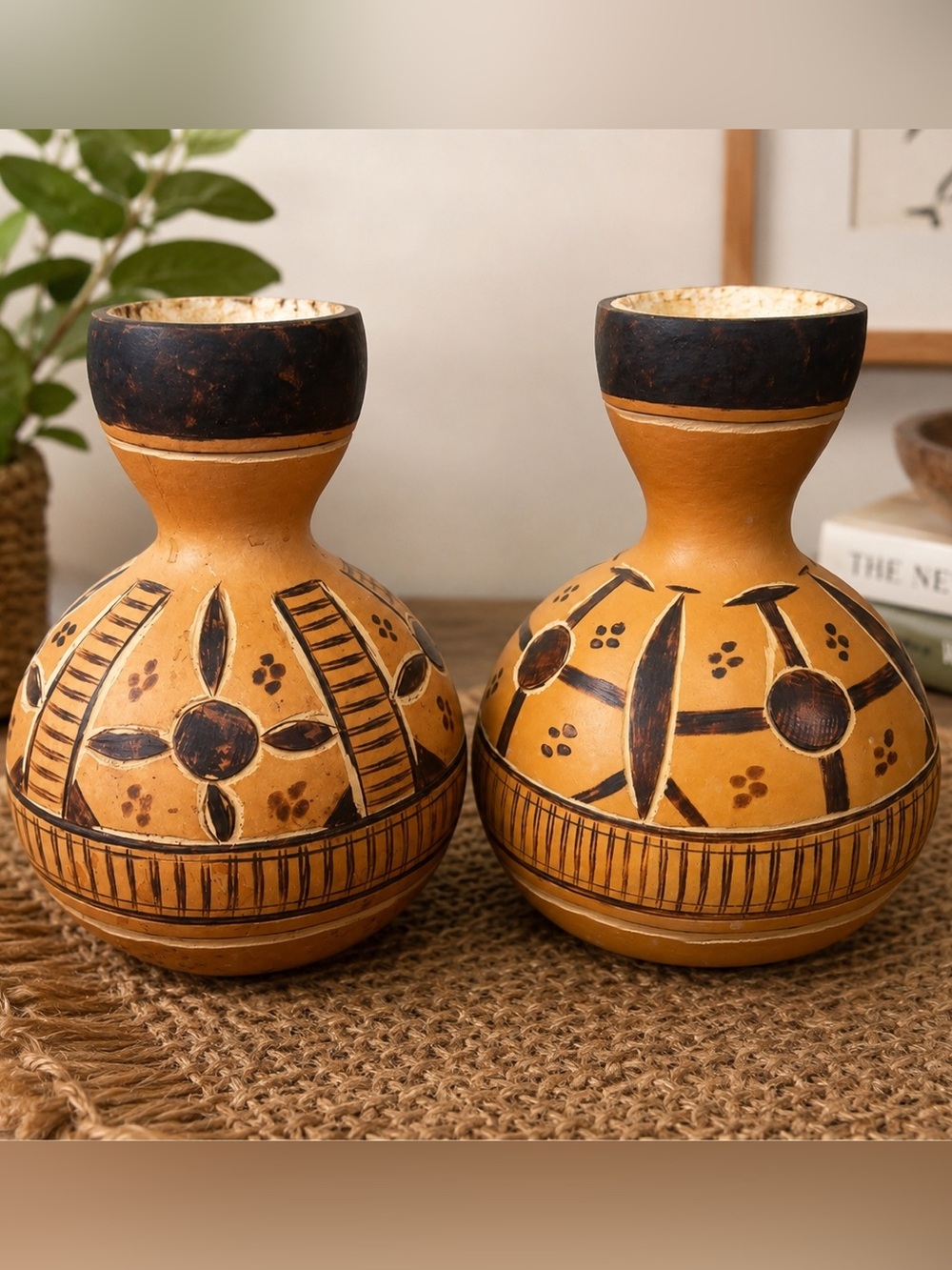 Pair of Hand-Carved Painted Gourd Vases – Natural Decorative Gourds